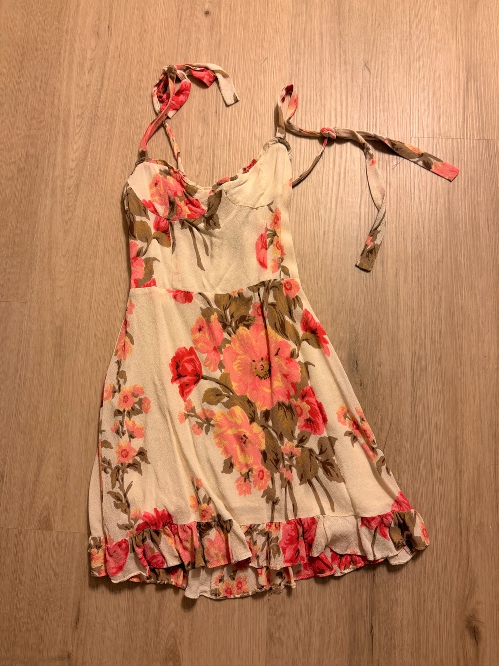Reformation Cream Floral Tie-Shoulder Mini Dress with Coral Blooms